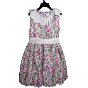 LULI & ME Pink Green FLORAL PRINT TULIP DRESS WITH PETAL COLLAR sz 10
